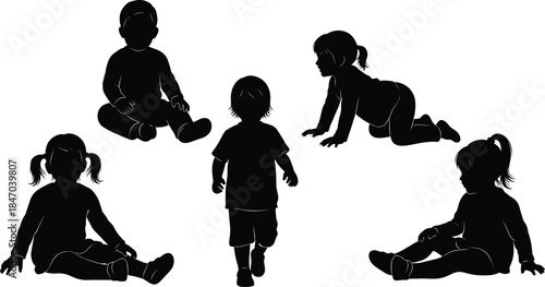 Baby and toddler black silhouettes sitting, crawling, and walking in various poses, infancy and early childhood vector illustration, cute kids development stage collection.
