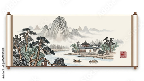 Traditional Chinese Landscape Painting with Mountains and River Scene