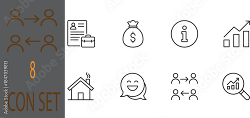 Outline business teamwork editorial icon set featuring finance information analytics growth communication home symbols for modern interface design