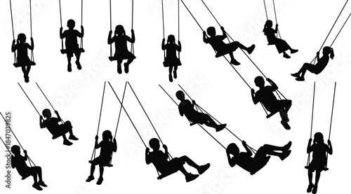 Children silhouettes swinging outdoor in playground park, black and white flat vector illustration collection, happy active kids having fun recreation time.