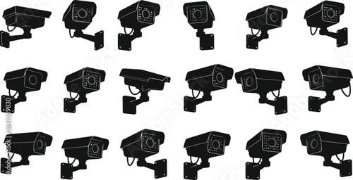 CCTV security camera black silhouettes collection, video surveillance system equipment, safety and crime prevention technology, flat vector illustration set for monitoring.
