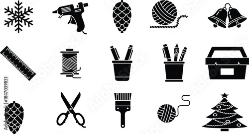 Craft supplies and DIY hobby black icons set, Christmas decorations, glue gun, yarn, scissors, paint brush, pine cone, flat vector illustration collection.