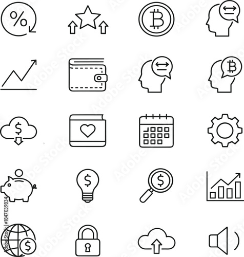 Outline finance and business icon set featuring investment analytics cryptocurrency payments security cloud technology symbols for modern interfaces