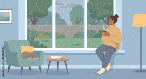 A cozy indoor scene with a woman enjoying a hot drink by the window while it rains outside, a cat sleeps on an armchair.