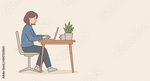 An illustration of a woman with short hair sitting at a wooden desk, focused on working on her laptop.