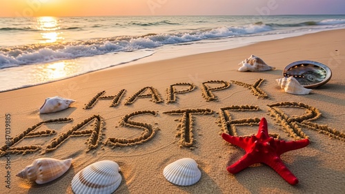Happy Easter message on a serene beach at sunset with seashells
