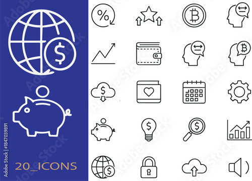 Outline finance business icon set featuring global payments investment analytics cryptocurrency security cloud technology symbols for modern interface design