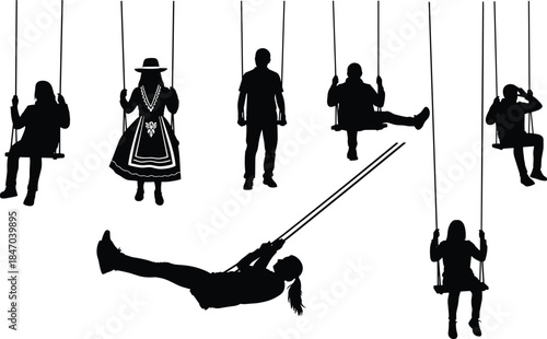 Diverse people black silhouettes swinging outdoor in park, woman in traditional dress, man, and child having fun, recreational activity vector illustration collection.