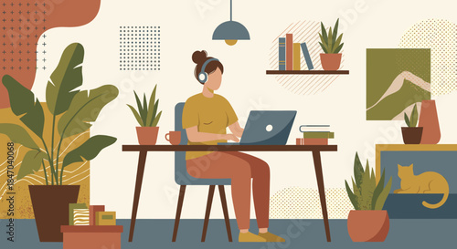 A woman with headphones working on a laptop at a desk in a cozy, plant-filled home office, illustrating remote work or study.
