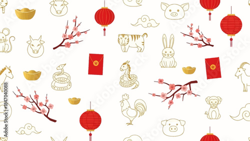 Photography Seamless Chinese New Year Pattern with Zodiac Symbols and Lanterns