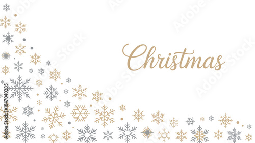 Elegant Christmas background with gold and silver snowflakes on white