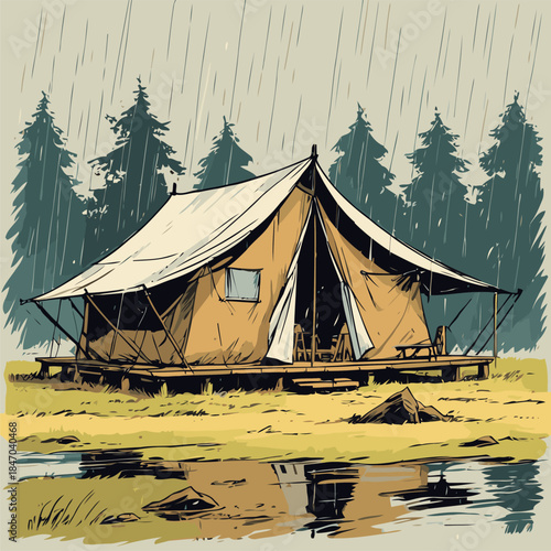 Vector illustration of a camping tent in American comic style