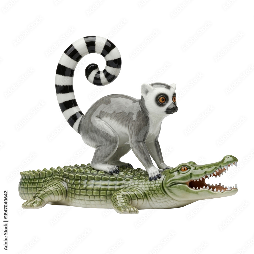 Fototapeta premium Porcelain ring tailed lemur riding on green crocodile figurine for exotic safari decor