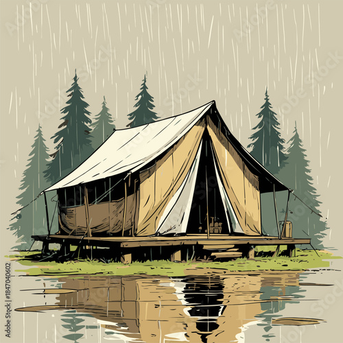 Vector illustration of a camping tent in American comic style