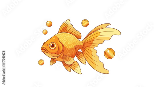 Colorful cartoon goldfish with bubbles on white background