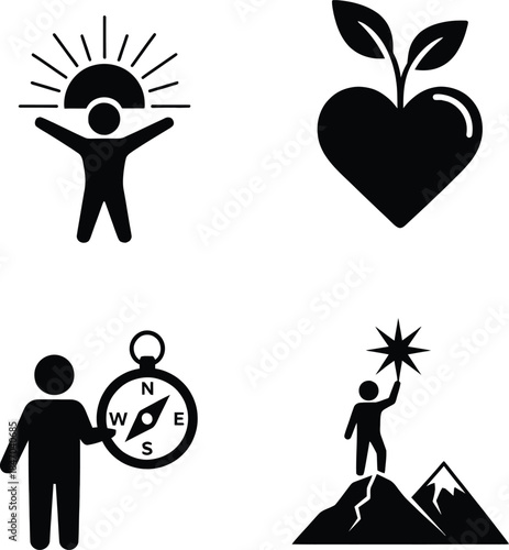 Set of conceptual icons representing personal growth, mental health, emotional wellness, guidance, and achieving goals with compass mountain and sun symbols.