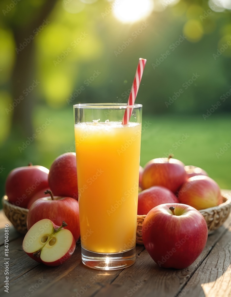 Fototapeta premium Glass of fresh apple juice with red apples on wooden table in sunny garden. Ripe fruits and cold drink for healthy summer refreshment. Natural beverage on grass.