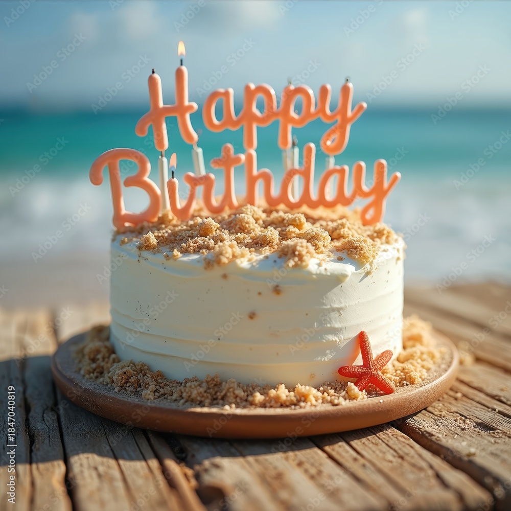 Naklejka premium White birthday cake with coral candles spelling Happy Birthday sits on a rustic wooden table. A small starfish adorns the cake base with beach and ocean backdrop. Sweet celebration.