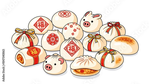Cute cartoon dumplings and buns with decorative designs and pig faces