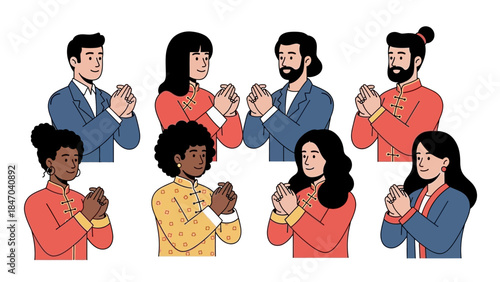 Diverse group of people in traditional attire greeting each other