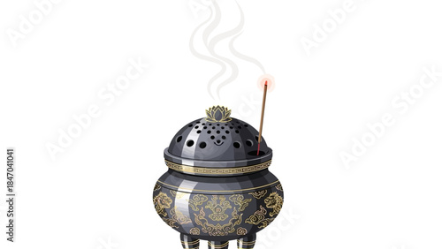 Ornate incense burner with smoke and lit stick on white background