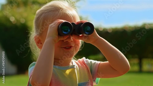 A young girl looking through binoculars with a curious and excited expression, exploring her surroundings on a sunny day. The scene embodies exploration and childhood wonder. Stock Video