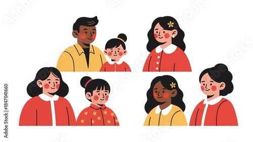 Diverse family portraits in colorful vector illustration style