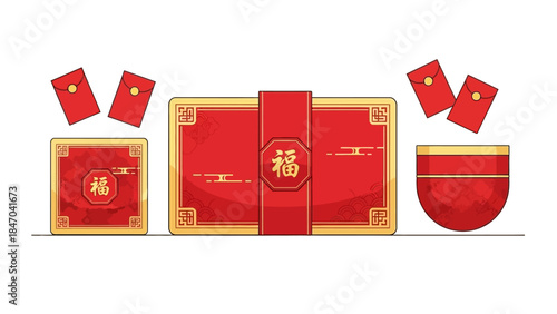 Chinese New Year red gift boxes and envelopes illustration