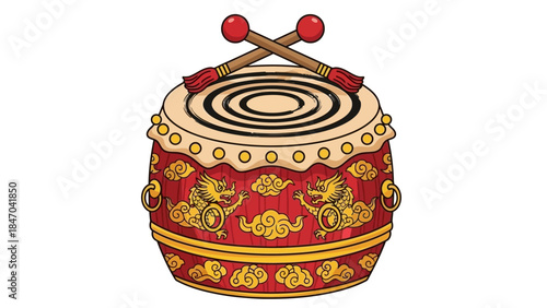 Traditional Chinese Drum with Decorative Dragons and Drumsticks