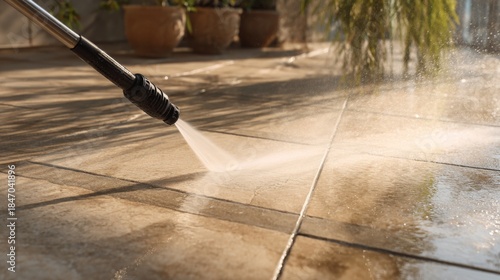 High Pressure Hose Cleaning Tiles on a Patio Surface at Bright Sunlight