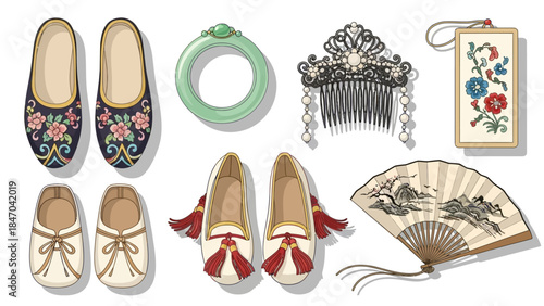 Traditional Chinese Accessories and Shoes on White Background