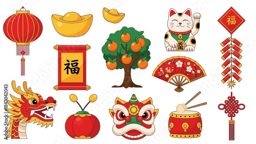 Traditional Chinese New Year Symbols and Decorations Collection