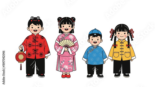 Illustration of Children in Traditional Chinese Clothing
