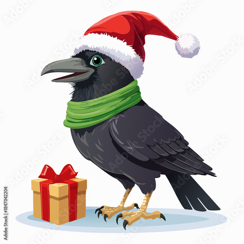 Black Crow Wearing Santa Hat and Green Scarf Next to a Christmas Gift Box, Whimsical Holiday Illustration, Black Bird Character