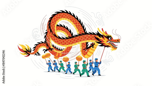 Traditional Chinese Dragon Dance with Performers in Colorful Costumes