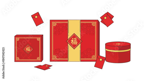 Traditional Chinese Red Gift Boxes with Decorative Patterns
