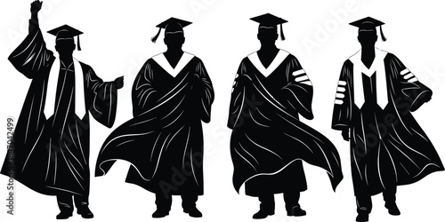 Graduation ceremony black silhouettes with cap, gown, and stole, celebrating academic success, college student achievement, university education vector illustration set, commencement event.