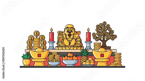 Chinese Wealth Altar with Laughing Buddha and Gold Ingots