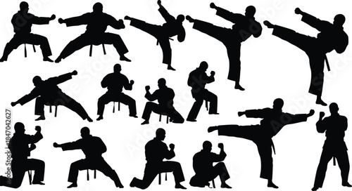 Karate fighters black silhouettes in various fighting stances and dynamic kicks, martial arts collection vector illustration set, training and self-defense concept.