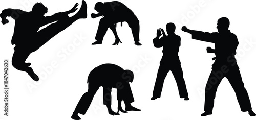 Karate fighters black silhouettes performing dynamic high kick, bowing, and punching moves, martial arts action vector illustration set, training and combat concept poses.