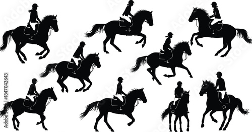 Horse and rider black silhouettes in various galloping, trotting, and jumping poses, equestrian sport competition vector illustration set, female jockey training graphic collection.