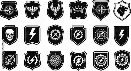 Heraldic shield black emblems with compass, eagle, crown, wolf, skull, gear, and lightning, security logo and badge vector illustration collection set.