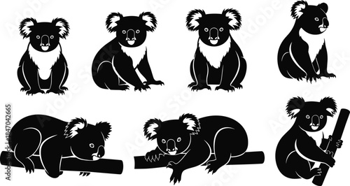 Koala bear black silhouettes sitting and resting on tree branches, Australian animal collection vector illustration set, cute mammal mascot and wildlife logo design.