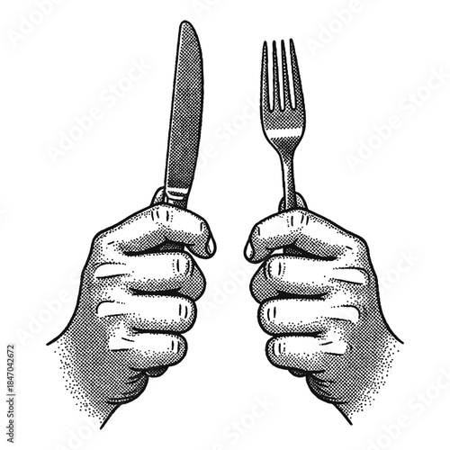 hands holding a knife and fork ready to eat halftone retro illustration
