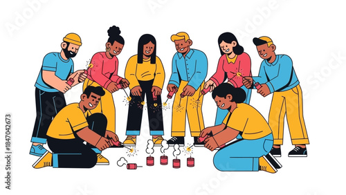 Diverse Group of Friends Playing with Sparklers in Casual Attire