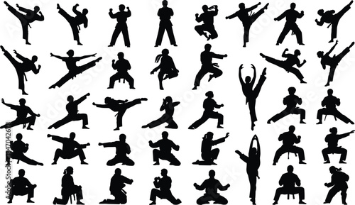 Large collection of martial arts black silhouettes, men and women performing dynamic kicks, punches, and various fighting action poses, training vector illustration set.