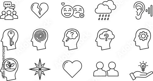 Mental health line icons set, psychology symbols, brain, emotions, therapy, depression, thinking, vector illustration, isolated on white background.