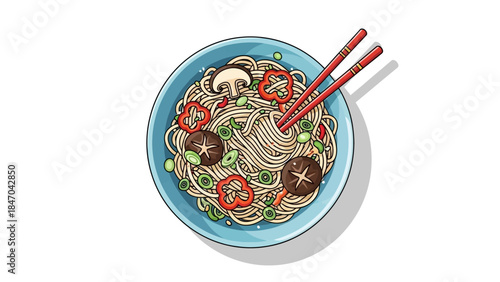 Colorful bowl of Asian noodles with vegetables and chopsticks