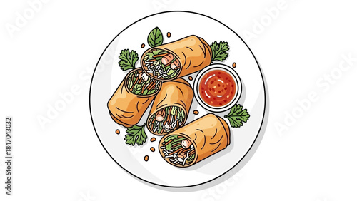 Illustration of fresh burritos with dipping sauce on a plate