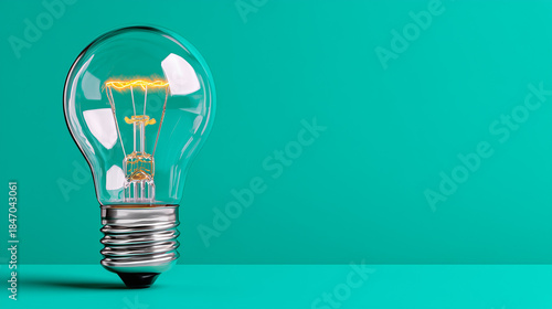Glowing Light Bulb on Dark Teal Background, Minimalist Conceptual Product Shot